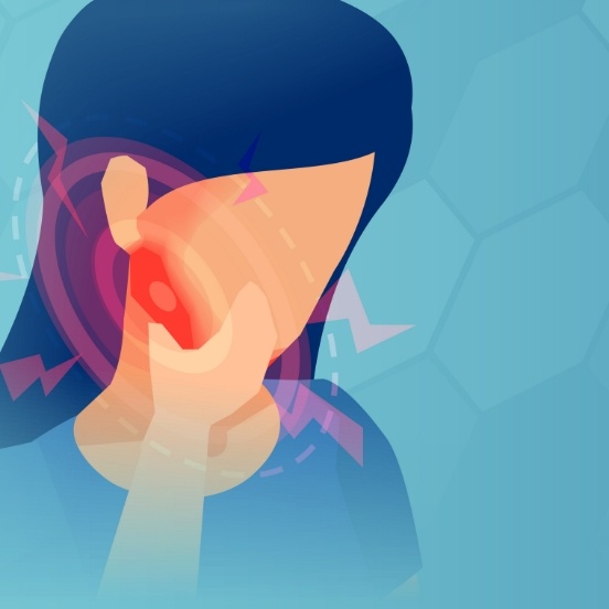 Animated person with red spot on jaw indicating a need for T M J therapy