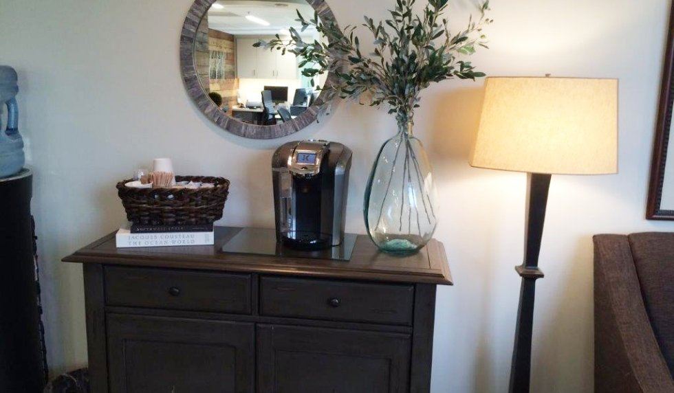 Complimentary beverage bar in dental office waiting room